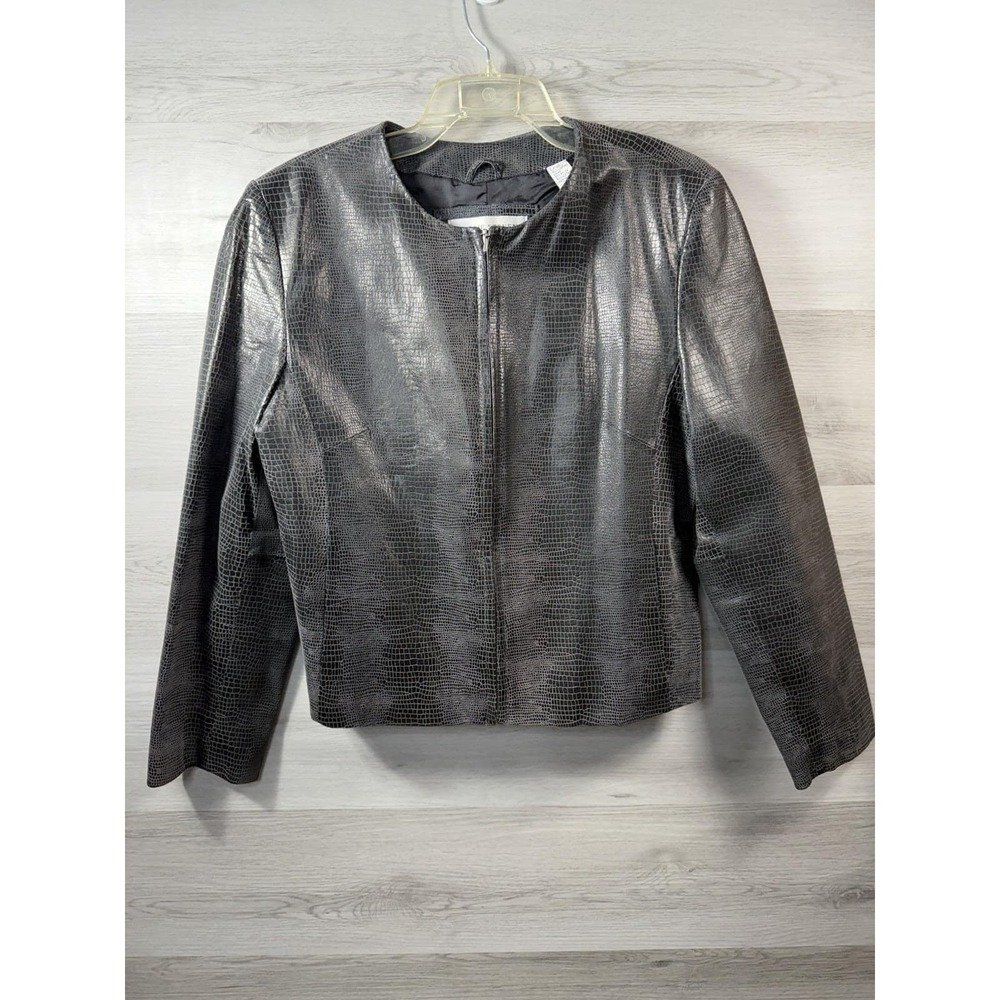 Valerie Stevens Y2k Large 100% Leather Black Croc Embossed Grunge Bomber Jacket